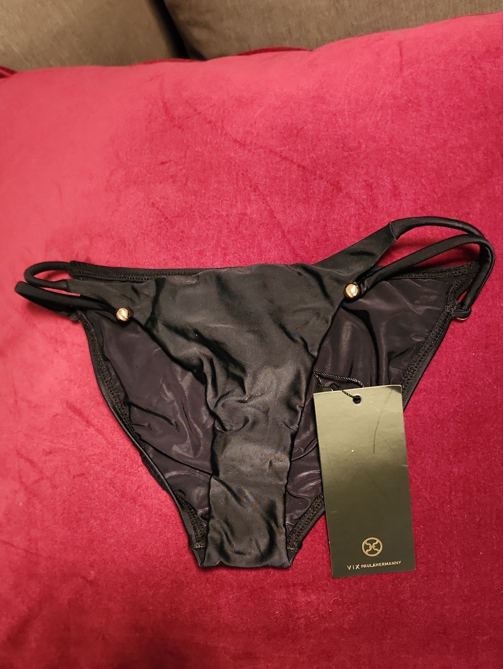 Black Shiny Bikini Bottom with Gold Accents